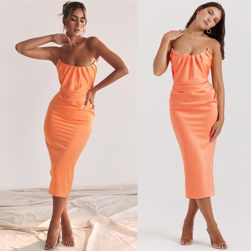 HOUSE OF CB 'Alora' Tangerine Strapless Corset Midi Dress orange NWOT size‎ M